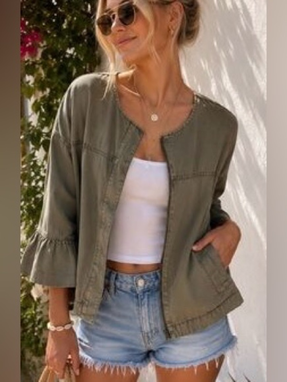Sanctuary Olive Utility Jacket Bell Sleeve Cotton Military Jacket Small